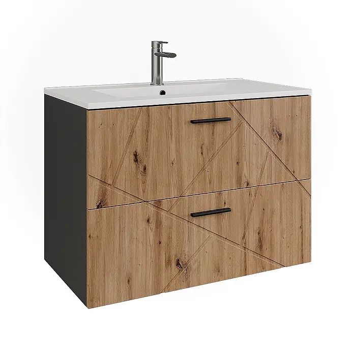 Vicco Badmöbel-Set Irma Anthrazit/Artisan 2 Teile - Anthrazit, Matt - Wandhängendes Badmöbel mit weißem Waschbecken, Chromarmatur, grauer Seite, zwei gemusterten Holzschubladen und schwarzen Griffen.