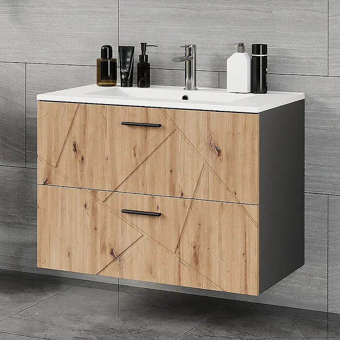 Vicco Badmöbel-Set Irma Anthrazit/Artisan 2 Teile - Anthrazit, Matt - Wandhängender Waschtischunterschrank mit weißem Waschbecken, zwei Holzschubladen mit geometrischem Muster und schwarzen Griffen.
