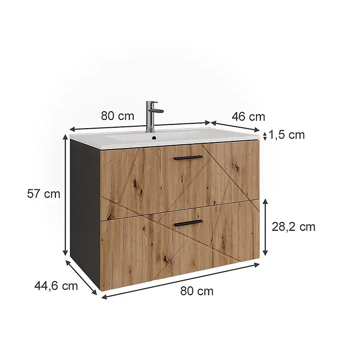 Vicco Badmöbel-Set Irma Anthrazit/Artisan 2 Teile - Anthrazit, Matt - Holzfarbener Badunterschrank mit zwei Schubladen, integriertem weißen Waschbecken und Armatur, mit dunkelgrauen Seitenwänden. Maße sind angegeben.