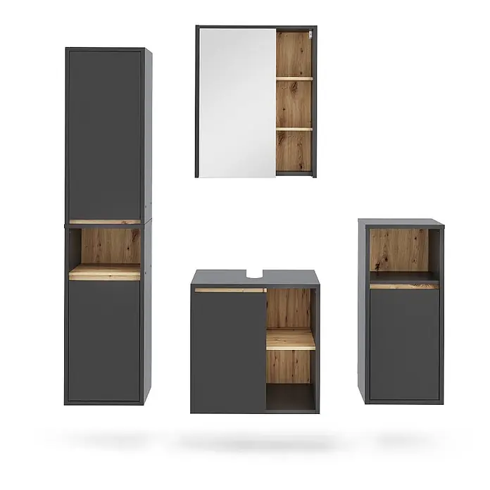 Badmöbel-Set Viola 60 cm Grau Art.-Nr. 55215 -  - Dunkelgraues Badezimmermöbel-Set mit Holz-Akzenten, bestehend aus Hochschrank, Waschtischunterschrank, Seitenschrank und Spiegelschrank.