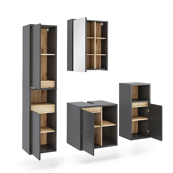 Badmöbel-Set Viola 60 cm Grau Art.-Nr. 55215 -  - Dunkelgraues Badmöbel-Set mit hellen Holzinterieurs. Enthält Hochschrank, Waschtischunterschrank und Spiegelschrank, Türen offen.