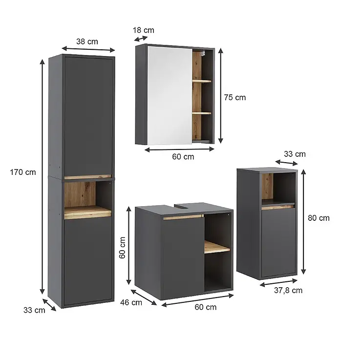 Badmöbel-Set Viola 60 cm Grau Art.-Nr. 55215 -  - Dunkelgraues Badmöbel-Set mit Holzapplikationen, bestehend aus Hochschrank, Spiegelschrank, Waschtischunterschrank und Beistellschrank.