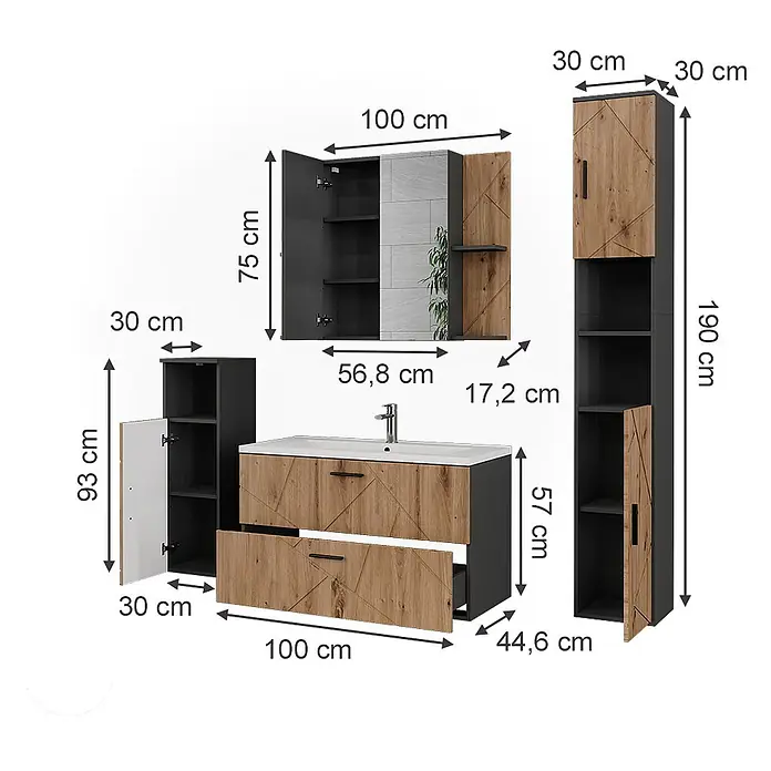 Vicco Badmöbel-Set Irma Anthrazit 5 Teile - Anthrazit, Matt - Modernes Badmöbel-Set mit Waschtisch, Spiegelschrank, Hochschrank und Beistellschrank, in Dunkelgrau und Holzoptik.