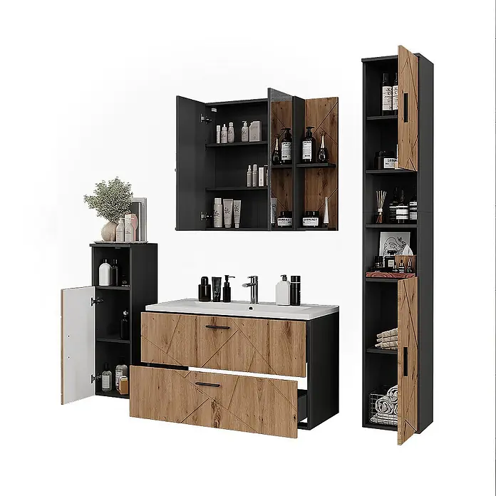 Vicco Badmöbel-Set Irma Anthrazit 5 Teile - Anthrazit, Matt - Modernes schwarz-holzfarbenes Badmöbelset mit Waschtisch, Hochschrank und Wandschrank, mit viel Stauraum.
