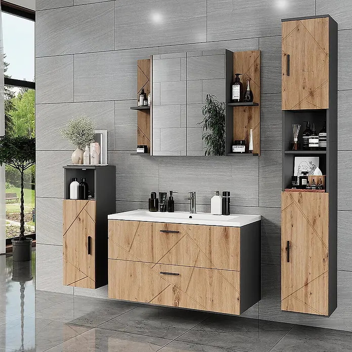 Vicco Badmöbel-Set Irma Anthrazit 5 Teile - Anthrazit, Matt - Modernes Badmöbel-Set mit anthrazitfarbenen Rahmen und hellen Holzfronten mit geometrischem Muster, inkl. Waschtisch, Spiegelschrank und Hochschränken.
