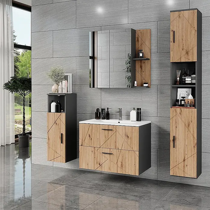 Vicco Badmöbel-Set Irma Anthrazit 5 Teile - Anthrazit, Matt - Modernes Badezimmermöbelset mit Waschtisch, Spiegelschrank und Hochschränken. Mit anthrazitfarbenen Rahmen und Holzoptikfronten mit geometrischen Mustern.
