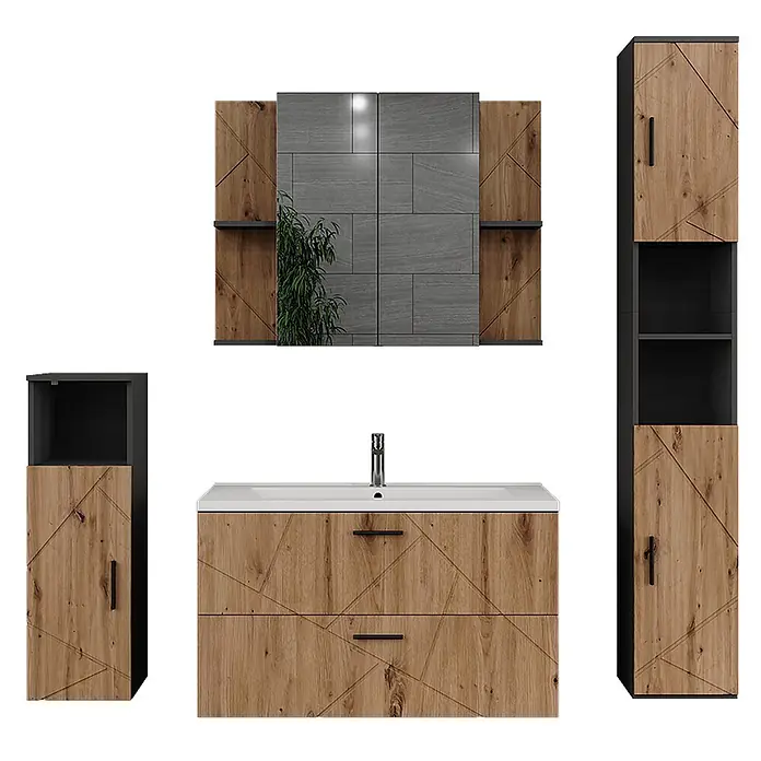 Vicco Badmöbel-Set Irma Anthrazit 5 Teile - Anthrazit, Matt - Badezimmermöbel-Set aus Holzdekor mit geometrischem Muster, schwarzen Akzenten. Enthält Waschtisch mit Waschbecken, Spiegelschrank und Hochschränke.