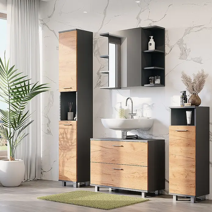 Vicco Badmöbel-Set Ilias Goldkraft Eiche/Anthrazit 4 Teile - Goldkraft Eiche, Matt - Moderne Badmöbel-Garnitur in Holzoptik und Dunkelgrau, bestehend aus Waschtischunterschrank, Hochschrank und Beistellschrank.