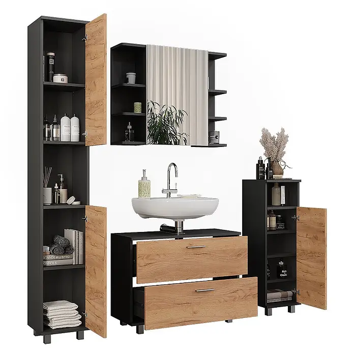 Vicco Badmöbel-Set Ilias Goldkraft Eiche/Anthrazit 4 Teile - Goldkraft Eiche, Matt - Badmöbelset in Dunkelgrau und heller Holzoptik, mit Hochschrank, Spiegelschrank, Waschtisch und Beistellschrank.