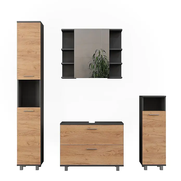 Vicco Badmöbel-Set Ilias Goldkraft Eiche/Anthrazit 4 Teile - Goldkraft Eiche, Matt - Modernes Badmöbel-Set in Holzoptik und Dunkelgrau, bestehend aus Hochschrank, Waschtischunterschrank, Spiegelschrank und Beistellschrank.