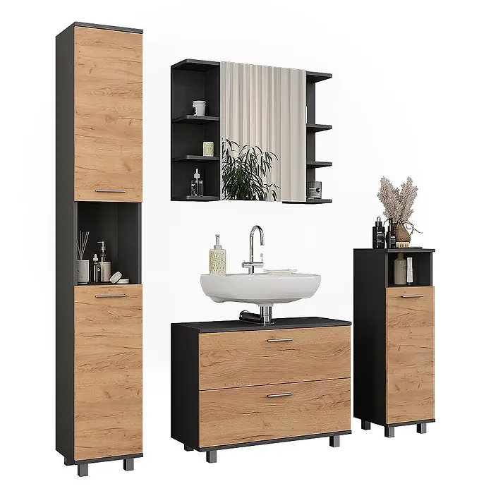 Vicco Badmöbel-Set Ilias Goldkraft Eiche/Anthrazit 4 Teile - Goldkraft Eiche, Matt - Modernes Badmöbel-Set in Dunkelgrau und hellem Holz, bestehend aus Hochschrank, Waschtisch mit Waschbecken, Spiegelschrank und Unterschrank.