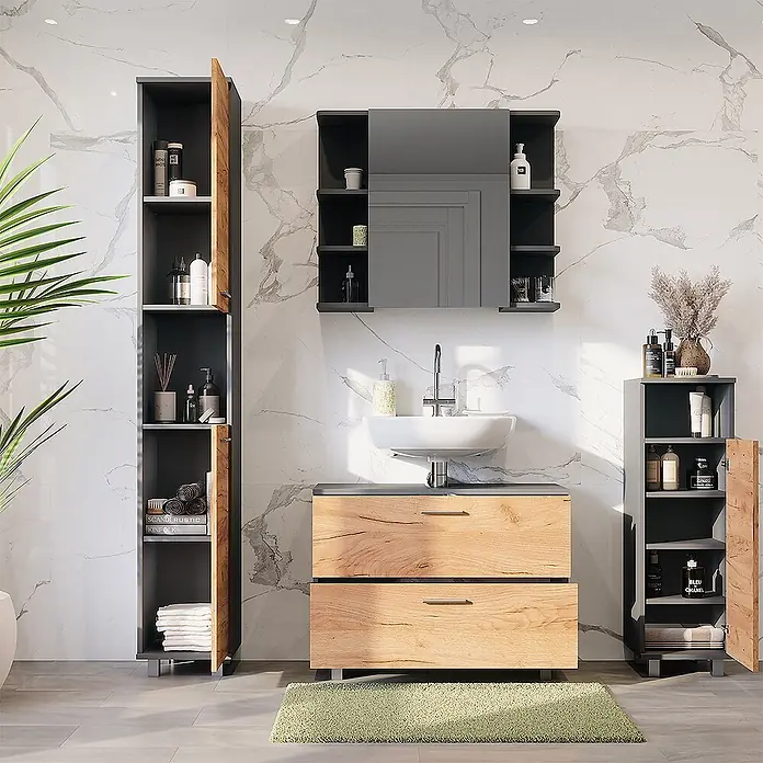 Vicco Badmöbel-Set Ilias Goldkraft Eiche/Anthrazit 4 Teile - Goldkraft Eiche, Matt - Modernes Badmöbel-Set aus Dunkelgrau und hellem Holz mit Waschtisch, Spiegelschrank und hohen Aufbewahrungsschränken.
