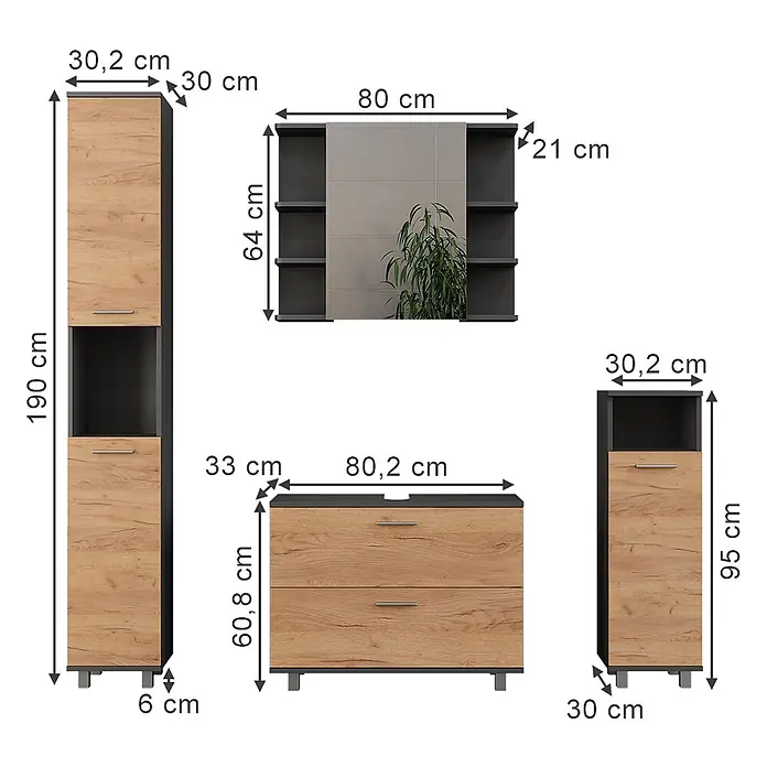 Vicco Badmöbel-Set Ilias Goldkraft Eiche/Anthrazit 4 Teile - Goldkraft Eiche, Matt - Modernes Badmöbelset aus Holz und Dunkelgrau: Hochschrank, Spiegeleinheit, Schubladenkommode und kleiner Schrank. Maße angegeben.