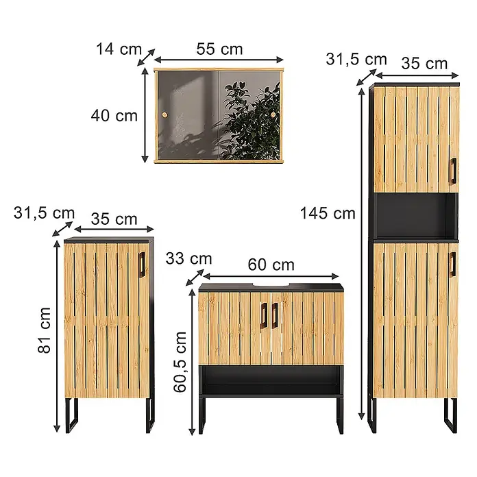 Vicco Badmöbel-Set Vayra Bambus 4 Teile - Bambus, Matt - Bambuslamellen-Badmöbelset mit schwarzen Akzenten: Spiegelschrank, Hochschrank, Waschtischunterschrank und Seitenschrank, alle mit Maßen.