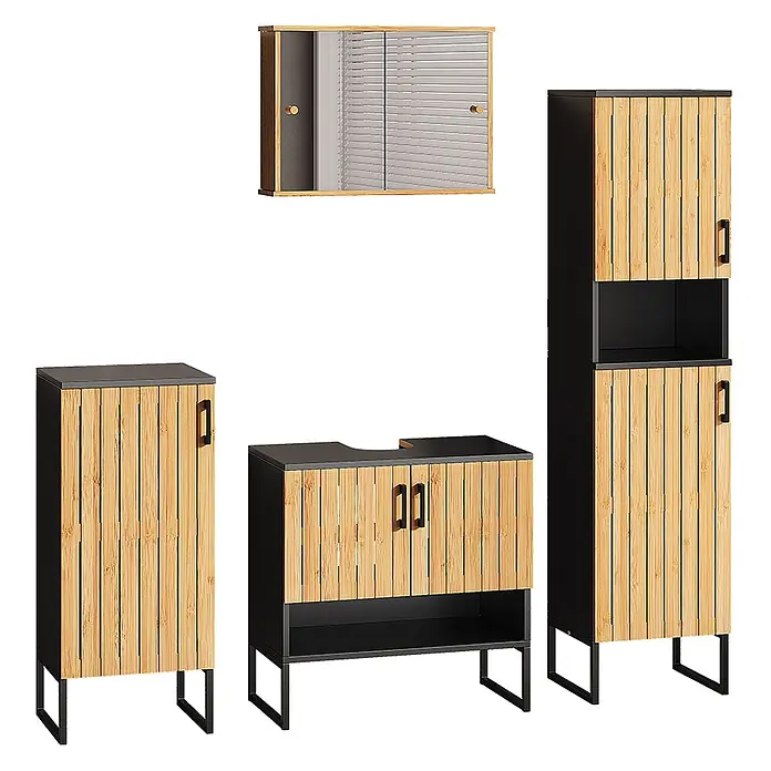 Vicco Badmöbel-Set Vayra Bambus 4 Teile - Bambus, Matt - Modernes Badmöbelset mit Bambuslamellenfronten und schwarzen Rahmen, bietet diverse Aufbewahrungsschränke.