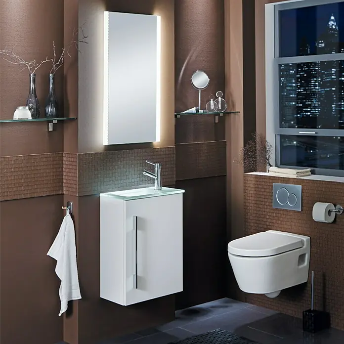 Camargue Stella Mini Einbauwaschbecken - 45 x 25 cm, Glas, Weiß - Modernes Badezimmer mit weißem Hängewaschbecken, beleuchtetem Spiegel und wandhängendem WC in stilvollem Braunton.
