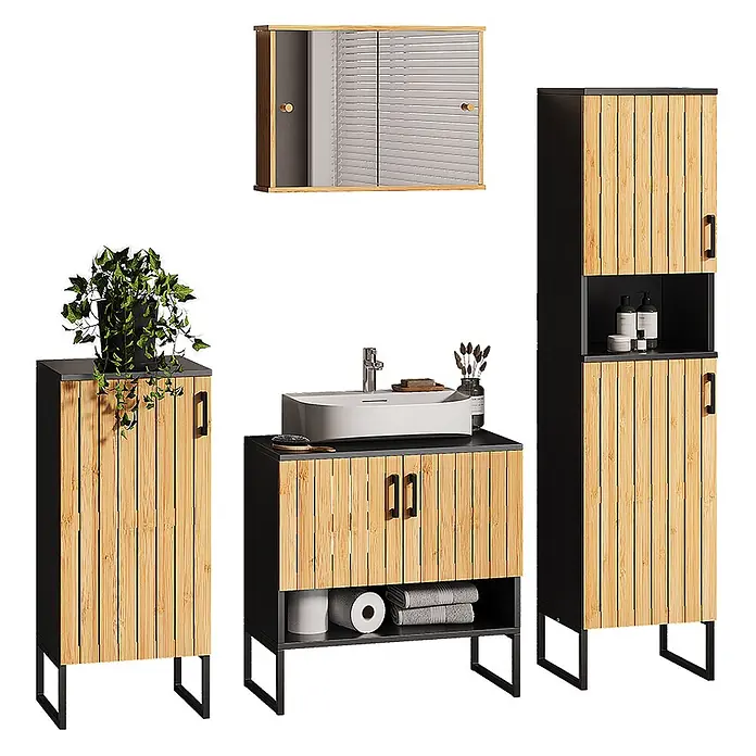 Vicco Badmöbel-Set Vayra Bambus 4 Teile - Bambus, Matt - Badezimmermöbel-Set mit Fronten aus Bambuslamellen und schwarzen Rahmen, inklusive Waschtisch, Hochschrank und Wandschrank.