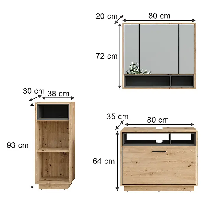Vicco Badmöbel-Set Beatrice Artisan Eiche/Anthrazit 3 Teile mit Midischrank - Artisan-Eiche, Matt - Dreiteiliges, helles Holz- und graues Modulmöbelset: Wandschrank, TV-Board und hohes Regal mit verschiedenen Ablagemöglichkeiten.
