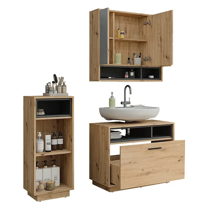 Vicco Badmöbel-Set Beatrice Artisan Eiche/Anthrazit 3 Teile mit Midischrank - Artisan-Eiche, Matt - Badezimmermöbel-Set: Wandschrank, Hochschrank und Waschtisch mit Waschbecken, in heller Holzoptik mit dunkelgrauen Akzenten.
