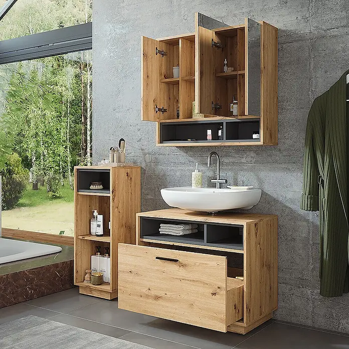 Vicco Badmöbel-Set Beatrice Artisan Eiche/Anthrazit 3 Teile mit Midischrank - Artisan-Eiche, Matt - Modernes Badmöbelset aus hellem Holz und Dunkelgrau, mit Waschtisch, Wandschrank und Hochschrank.