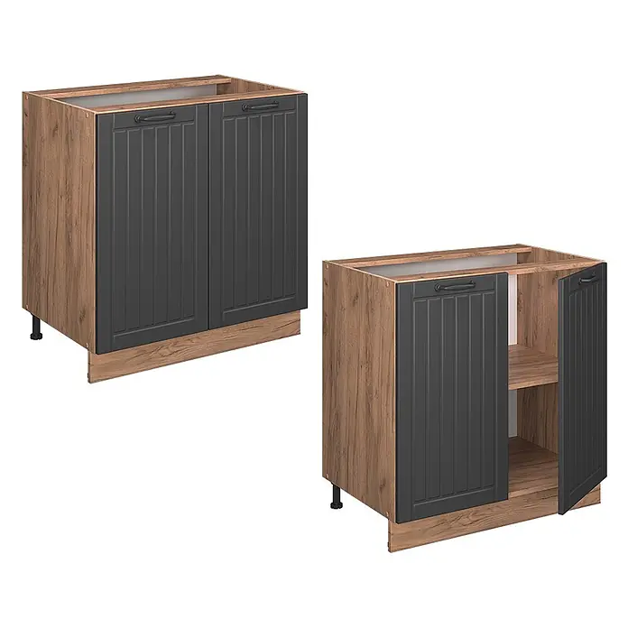 Vicco Schrankküche Fame-Line Dunkelgrau mit Regal, AP Anthrazit - Dunkelgrau, Unterschrank 80 cm, AP Anthrazit - Zwei Küchenunterschränke mit dunkelgrauen Paneeltüren und Holzoptik-Korpus. Einer geschlossen, der andere offen mit Regalböden.