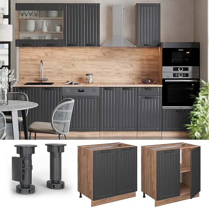 Vicco Schrankküche Fame-Line Dunkelgrau mit Regal, AP Anthrazit - Dunkelgrau, Unterschrank 80 cm, AP Anthrazit - Moderne Küche mit dunkelgrauen Rillenfronten, hellen Holzplatten und integrierten Geräten. Nahaufnahmen zeigen Möbelfüße und Unterschränke.