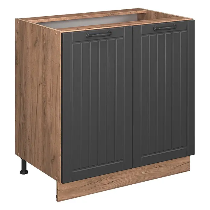 Vicco Schrankküche Fame-Line Dunkelgrau mit Regal, AP Anthrazit - Dunkelgrau, Unterschrank 80 cm, AP Anthrazit - Zweitüriger dunkelgrauer Küchenunterschrank mit Holzoptikrahmen und Sockelleiste.