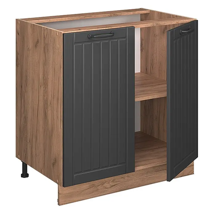 Vicco Schrankküche Fame-Line Dunkelgrau mit Regal, AP Anthrazit - Dunkelgrau, Unterschrank 80 cm, AP Anthrazit - Sockelunterschrank in Eichenoptik mit dunkelgrauen geriffelten Türen und Innenablage.