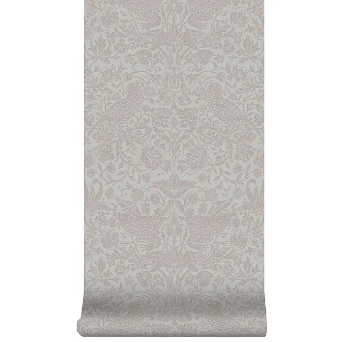 William Morris At Home Vliestapete Erdbeerdieb - Beige, Floral, 1.000 x 52 cm - Rolle hellgrauer Tapete mit einem aufwendigen, monochromen Muster aus Vögeln, Blumen und Blättern.
