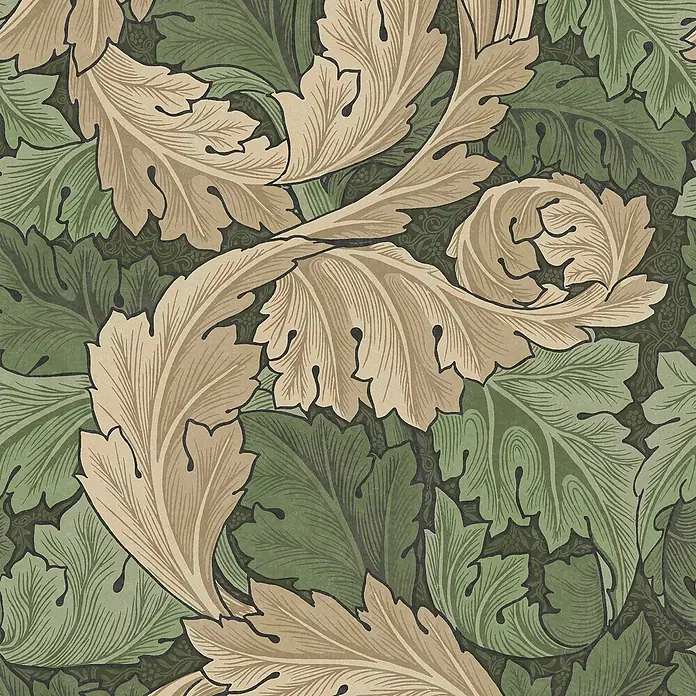 William Morris At Home Vliestapete Vliestapete Akanthus - Grün, Streifen, 10 x 0,52 m - Jugendstil-Tapete mit üppigen grünen und beigefarbenen Akanthusblättern in einem sich wiederholenden Muster auf dunklem, dezent gemustertem Hintergrund.