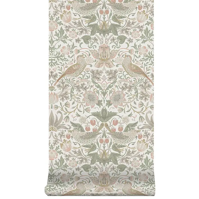 William Morris At Home Vliestapete Vliestapete Erdbeerdieb - Salbeigrün, Floral - Tapetenrolle mit detailreichem Muster aus Vögeln, Blumen und Blättern in gedämpften Grün-, Rosa- und Brauntönen.