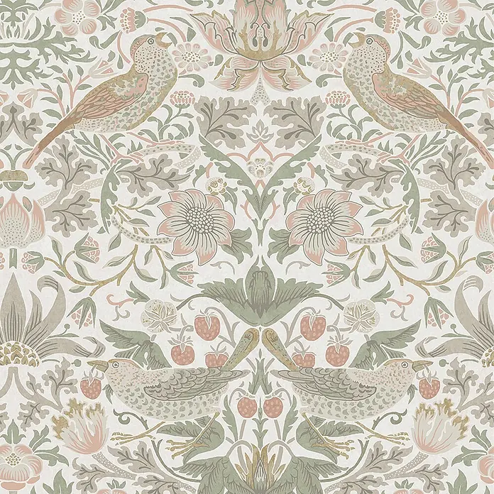William Morris At Home Vliestapete Vliestapete Erdbeerdieb - Salbeigrün, Floral - Wiederholendes Muster aus stilisierten Vögeln, großen Blüten, Blattwerk und Erdbeeren in gedämpften Rosa-, Grün- und Beigetönen.