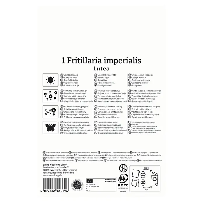 Kiepenkerl Blumenzwiebeln Kaiserkrone - Fritillaria imperialis Lutea - Produktetikett für Fritillaria imperialis Lutea mit Angaben zu Pflanzenpflege, Vermehrung und Verpackungsrecycling.