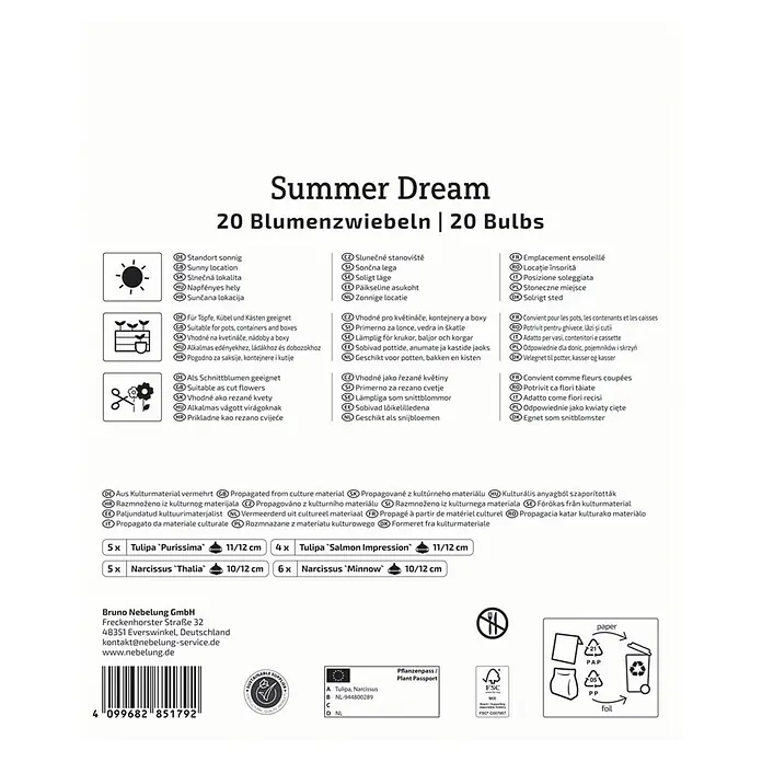 Kiepenkerl Blumenzwiebeln Mega Pack - Mischung 'Summer Dream Mix' - Verpackung für 20 Summer Dream Blumenzwiebeln mit Tulpen- und Narzissensorten, Pflegehinweisen und Firmeninfos.