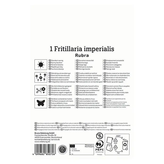 Kiepenkerl Blumenzwiebeln Kaiserkrone - Fritillaria imperialis 'Rubra' - Pflanzenetikett für Fritillaria imperialis Rubra mit Anbauanweisungen und Produktzertifizierungen.