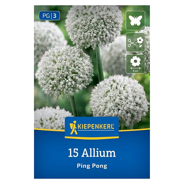 Kiepenkerl Blumenzwiebeln - Allium ampeloprasum 'Ping Pong' - Kiepenkerl Packung mit 15 Allium 'Ping Pong' Zwiebeln, zeigt weiße kugelförmige Blüten, 6 cm Blütengröße und Schmetterling-Symbol.