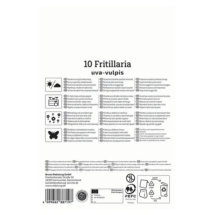 Kiepenkerl Blumenzwiebeln Fuchstraube - Fritillaria uva-vulpis - Produktetikett für 10 Fritillaria uva-vulpis mit Pflanzenpflege, Firmeninfos und Zertifizierungen wie Pflanzenpass, PEFC, Recyclingsymbole.