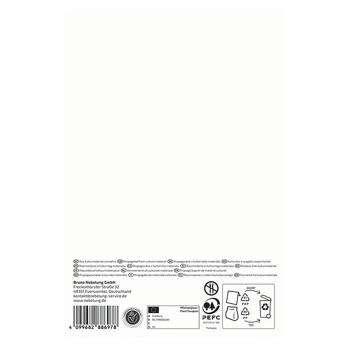 Kiepenkerl Profi-Line Blumenzwiebeln XXL Persische Kaiserkrone - Fritillaria persica, Purpurrot - Produktetikett mit Pflanzenpass, Firmendaten, Barcode, Nachhaltigkeits- und Recyclingsymbolen.