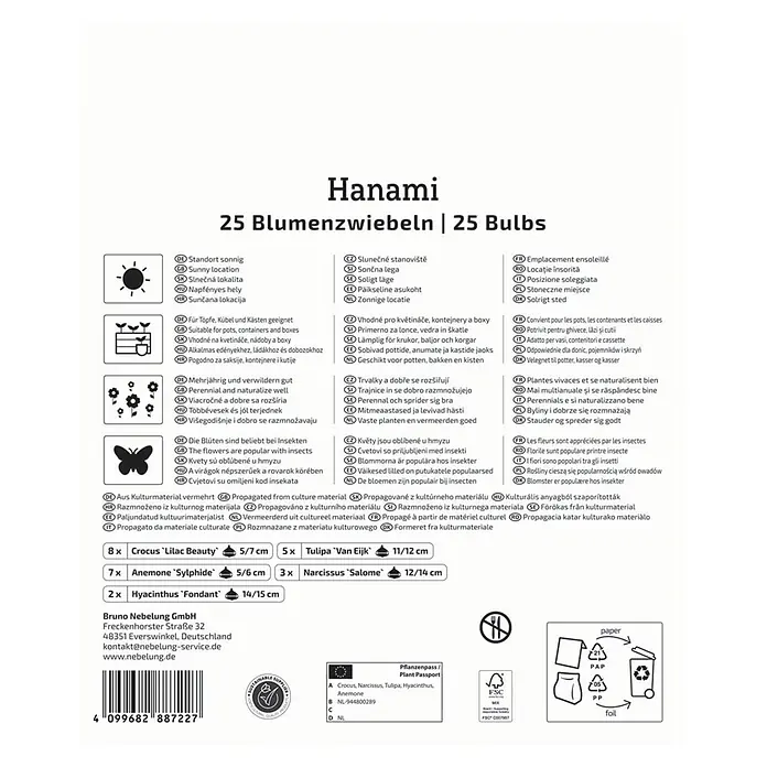 Kiepenkerl Blumenzwiebeln Mega Pack - Mischung 'Hanami Mix' - Weißes Paket 'Hanami' mit 25 Blumenzwiebeln, mehrsprachigen Pflegehinweisen und Pflanzenpass-Details.