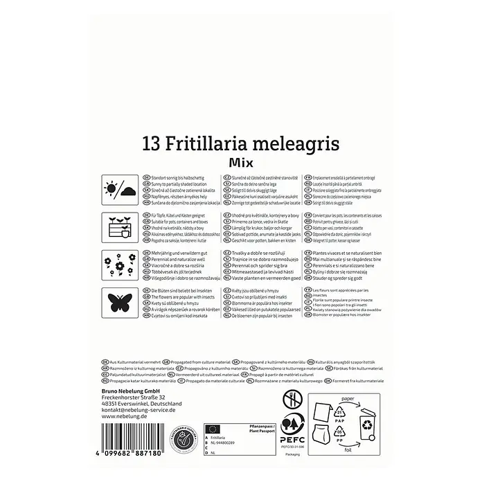 Kiepenkerl Blumenzwiebeln Schachbrettblumen Mischung - Fritillaria meleagris - Verpackung für Fritillaria meleagris Mix mit Anbauanleitung und Produktinformationen.