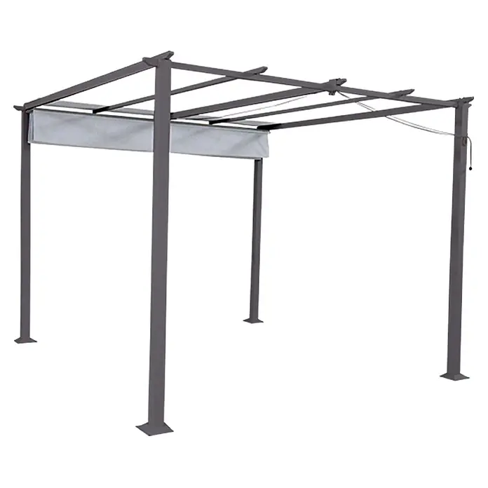 Sunfun Jakarta Pérgola con toldo corredero - An x Pr: 300 x 300 cm, Color del techo: Gris, Color del armazón: Antracita - Una pérgola gris con toldo retráctil para el jardín o el patio, que proporciona sombra y protección contra los rayos del sol.