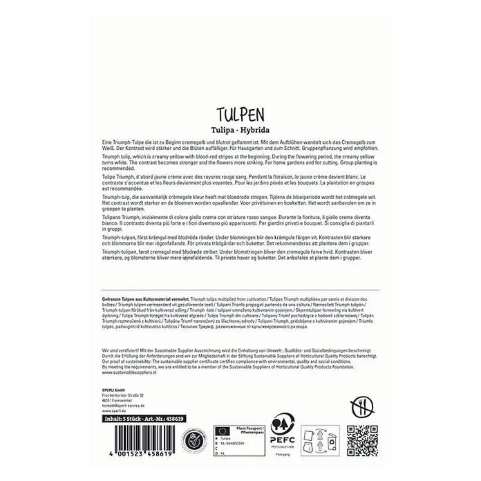 Sperli Blumenzwiebeln Premium Triumph-Tulpe Grand Perfection - Tulipa hybrids, Anzahl Blumenzwiebeln: 5 Stk. - Verpackung für 5 Triumph-Tulpenzwiebeln mit Produktinformationen und Logos.