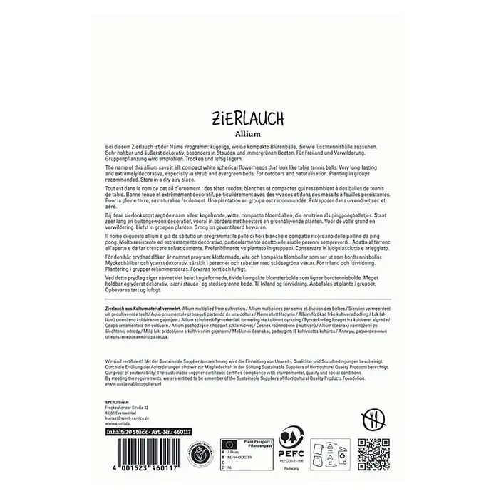 Sperli Blumenzwiebeln Zierlauch Ping Pong - Allium ampeloprasum, Weiß, 20 Stk. - Weiße Verpackung für Zierlauch (Allium) Produkt, mit schwarzem Text, Barcode und Zertifizierungen.