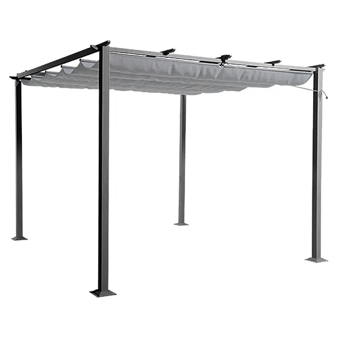 Sunfun Jakarta Pérgola con toldo corredero - An x Pr: 300 x 300 cm, Color del techo: Gris, Color del armazón: Antracita - Imagen de una glorieta gris con parasol retráctil y robusto marco metálico para uso en exteriores.