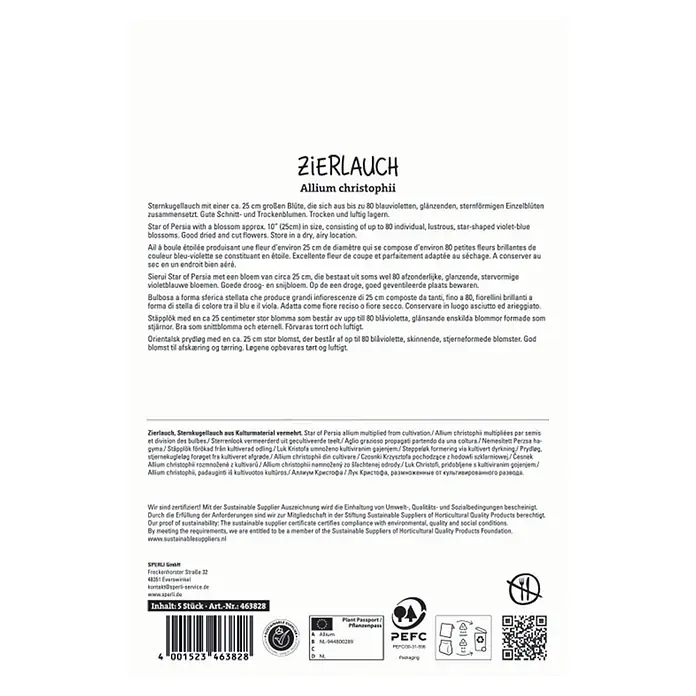 Sperli Blumensamen Zierlauch - Allium christophii, Lila - Verpackung Zierlauch (Allium christophii) Zwiebeln, 5 Stück, Art.-Nr. 463828. Mit Produktinfos, Barcode und Zertifizierungssiegeln.