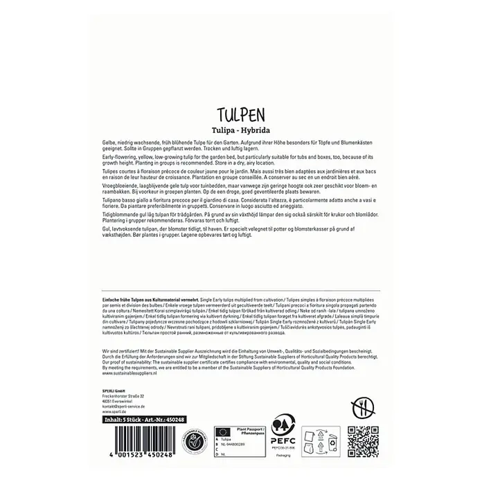 Sperli Blumenzwiebeln Einfache Frühe Tulpe Sunny Prince - Tulipa hybrids, Gelb, Anzahl Blumenzwiebeln: 5 Stk. - Verpackung für 5 Tulpenzwiebeln. Enthält Pflanzanleitung und Nachhaltigkeitszertifikate.