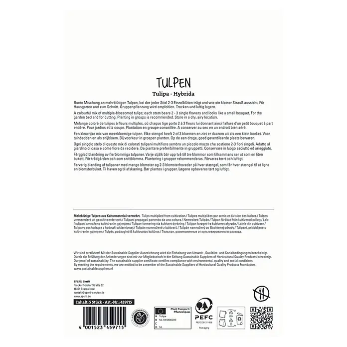 Sperli Blumenzwiebeln Einfache Späte Tulpen Candy Club Mix - Tulipa hybrids, Anzahl Blumenzwiebeln: 5 Stk., Gelb, Weiß, Rot - Verpackungsetikett für Tulpenzwiebeln, Sorte Tulipa - Hybrida, Inhalt 5 Stück.