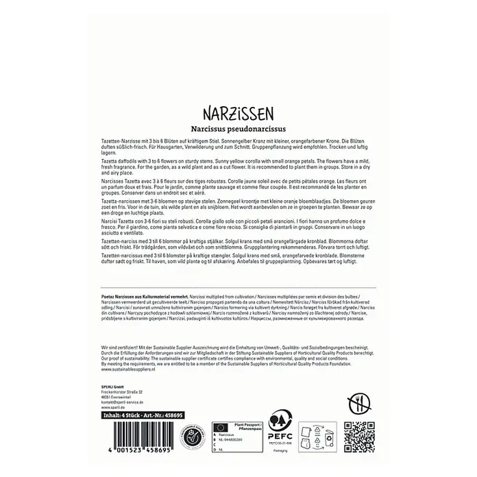 Sperli Narzissen Martinette - Narcissus pseudonarcissus, Gelb - Verpackung für Narzissenzwiebeln mit mehrsprachiger Produktbeschreibung, Barcode und Zertifizierungslogos.