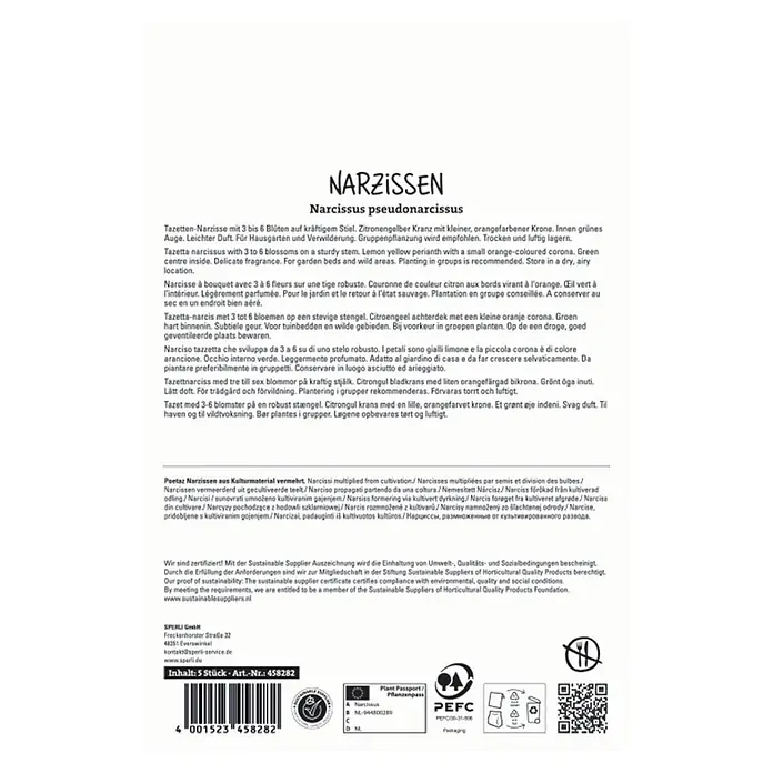 Sperli Blumenzwiebeln Poetaz-Narzisse Scarlet Gem - Narcissus tazetta, Gelb/Orange, 5 Stk. - Verpackung für 5 Narzissen Pseudonarcissus Zwiebeln, mit Produktdetails und Zertifikaten.