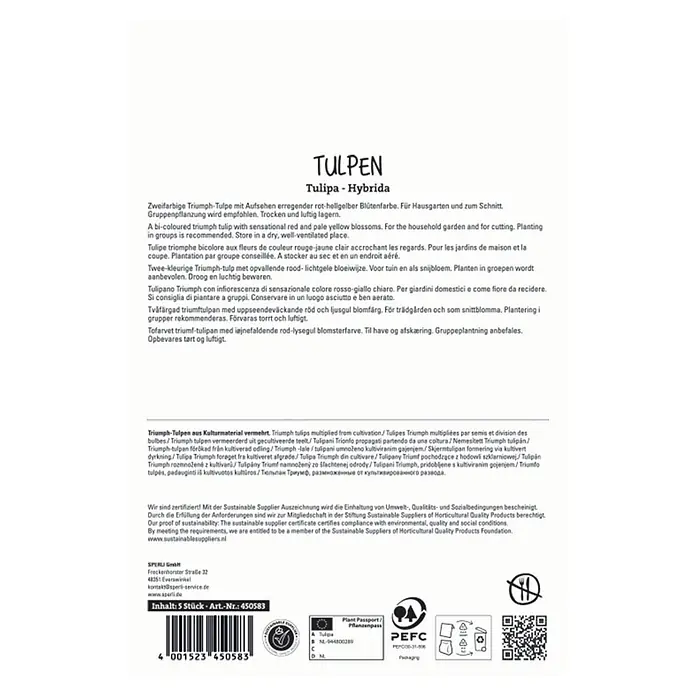 Sperli Blumenzwiebeln Triumph-Tulpe Match - Tulipa x Hybrida, Gelb/Rot, 5 Stk. - Produktinformationsetikett für 'Tulpen - Hybrida' mit Beschreibungen zu ihren rot-hellgelben Blüten, Pflanzung und Zertifizierungen.